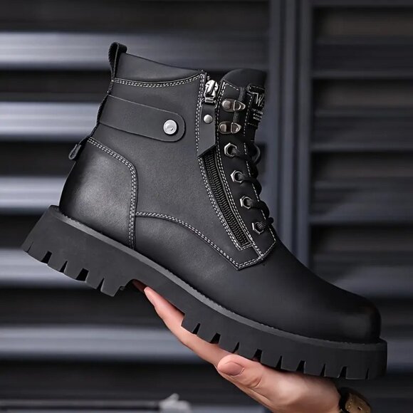 Men's US 6.5-11.5 Black Hiking Boots Lace Up Side‎ Zipper Ankle Casual Shoes - Picture 2 of 11